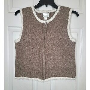 Christopher &‎ Banks Silk Sweater Vest Beige/Cream Full Zip Hand Crochet Women L